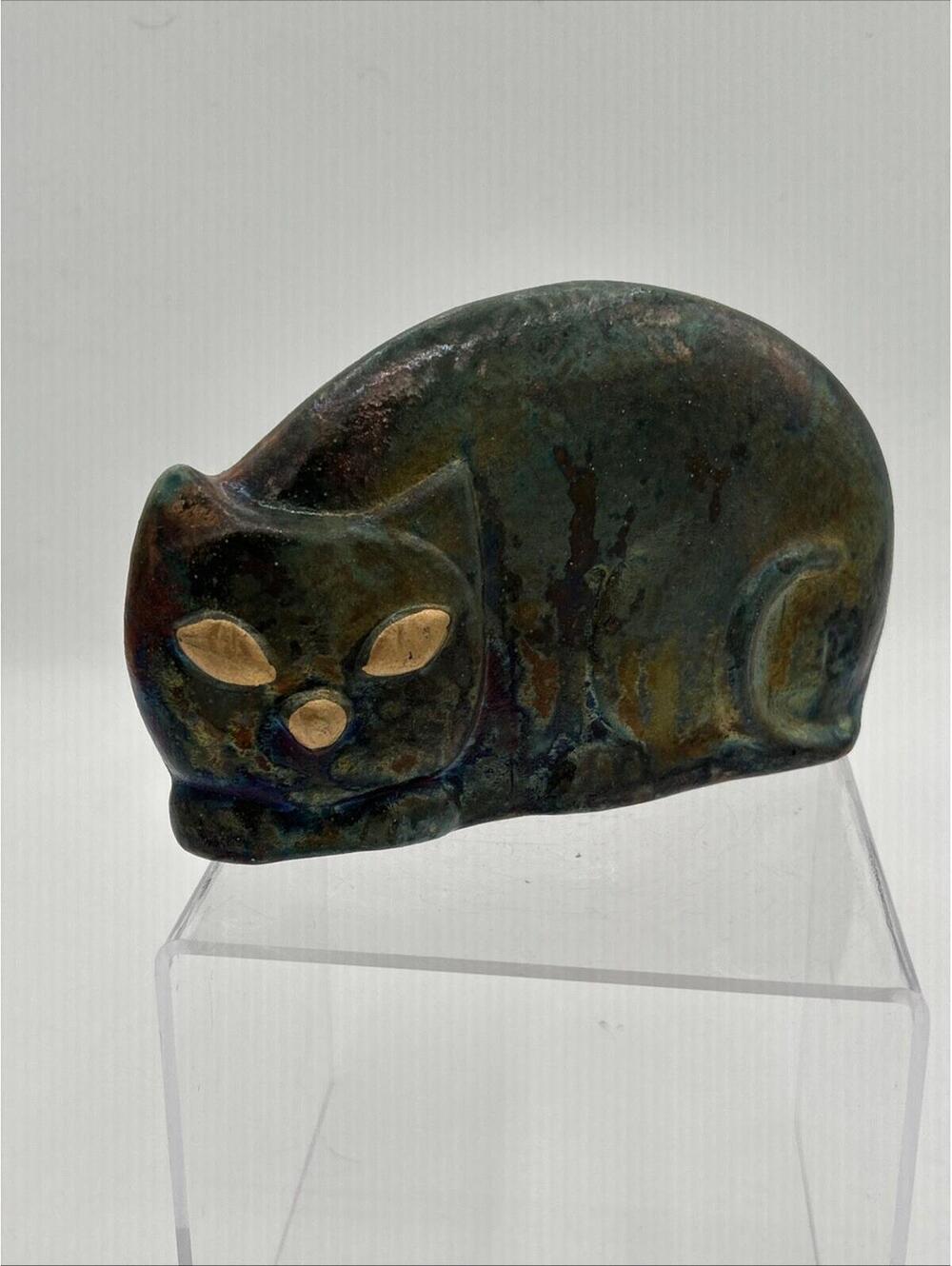 Raku Pottery Whimsical Cat Sculpture with Gold Eyes